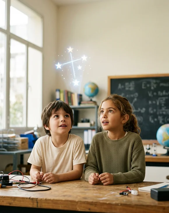 Dos niños argentinos descubriendo una constelación en un aula STEAM en Buenos Aires
