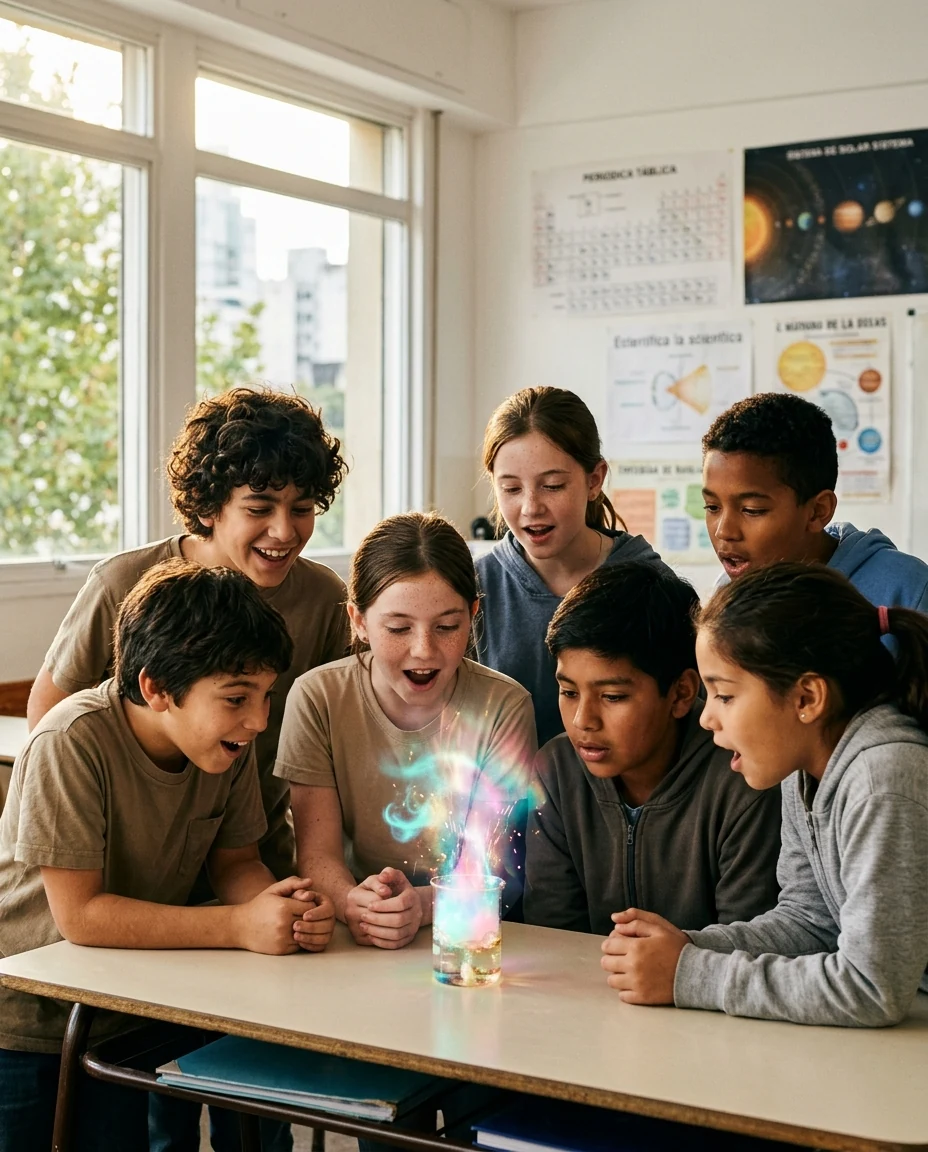 Niños argentinos deslumbrados con un experimento de ciencia en su escuela